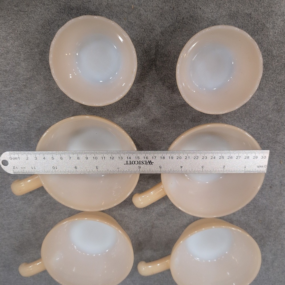 Fire King Peach Luster Milk Glass Handled Chili Bowls and Custard Cups Set of 6 - Picture 2 of 5